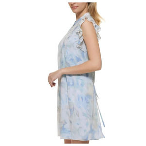 Calvin Klein Blue Tie Button Front Lined Pintucked Dress Flutter Sleeve Sz 14